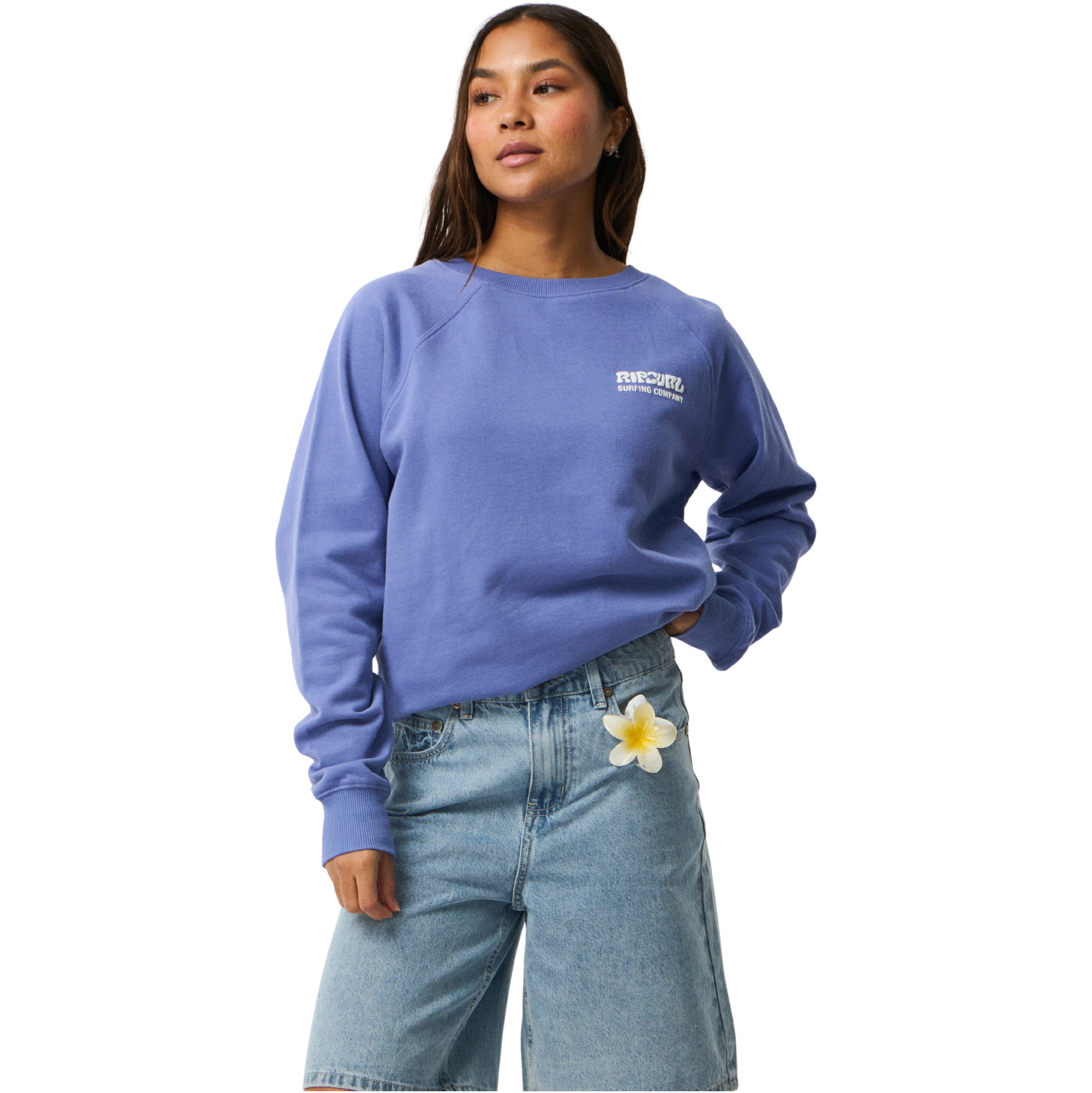2026 Rip Curl Womens Surf Puff Raglan Relaxed Crew Sweatshirt 0EWWFL - Mid Blue